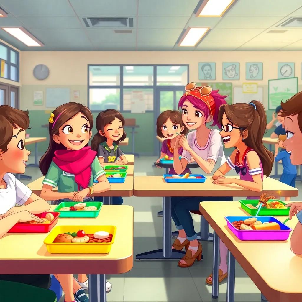 A school cafeteria with Layla sitting with Sarah and other students, girls chatting and laughing, colorful lunch trays, lively and energetic mood