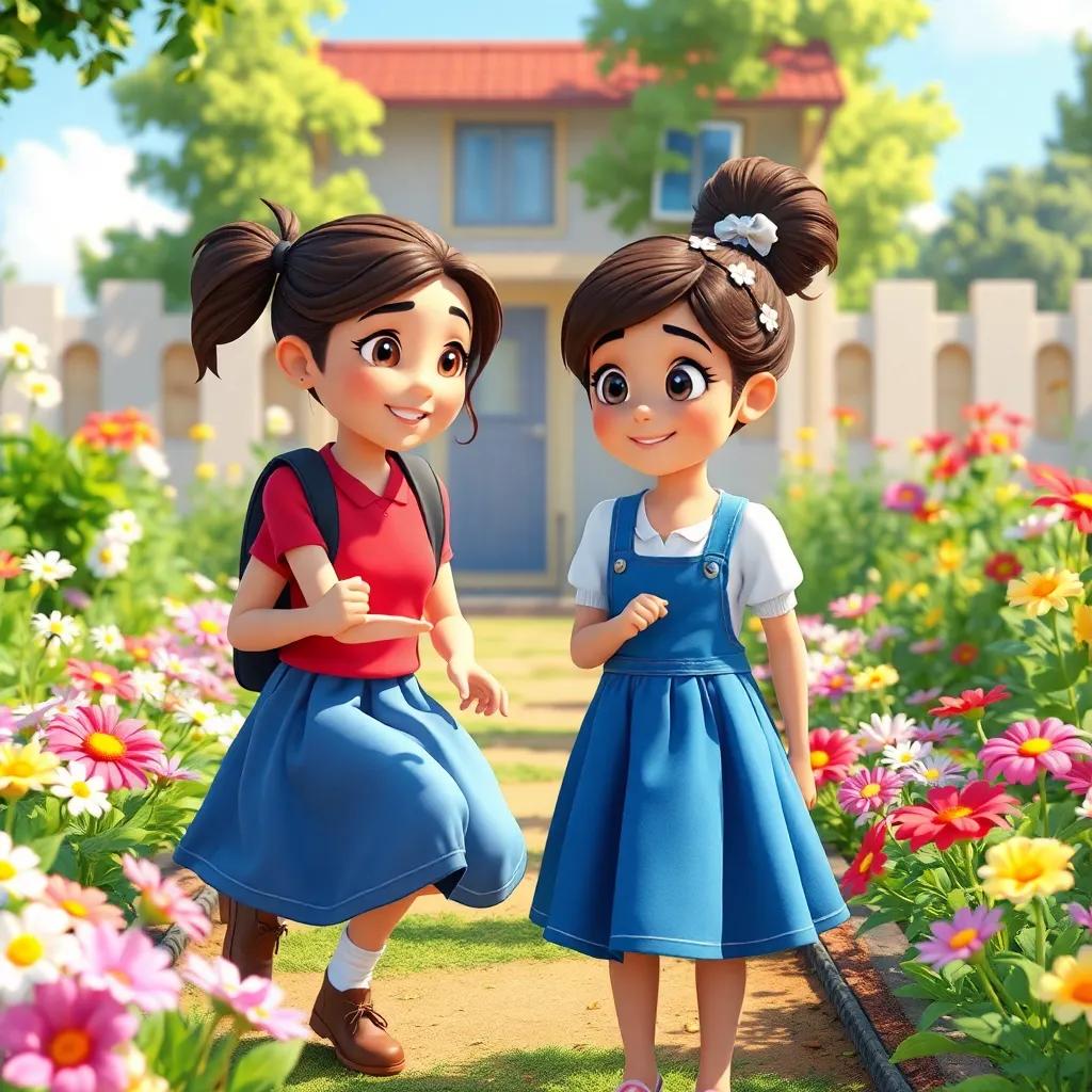 A school garden with Sarah suggesting an activity to Layla, a warm and sunny day, flowers blooming all around, friendly and inviting atmosphere