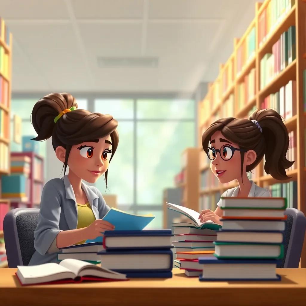 A library scene with Layla and Sarah studying together, books stacked around them, a focused and collaborative atmosphere, bright lighting