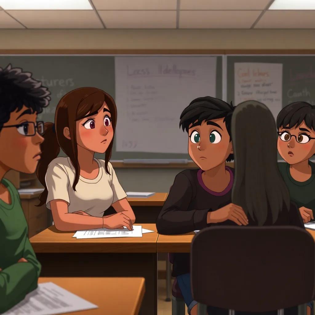 A classroom with a student starting rumors, fellow students looking concerned, Sarah defending Layla, a tense yet emotional atmosphere, detailed expressions