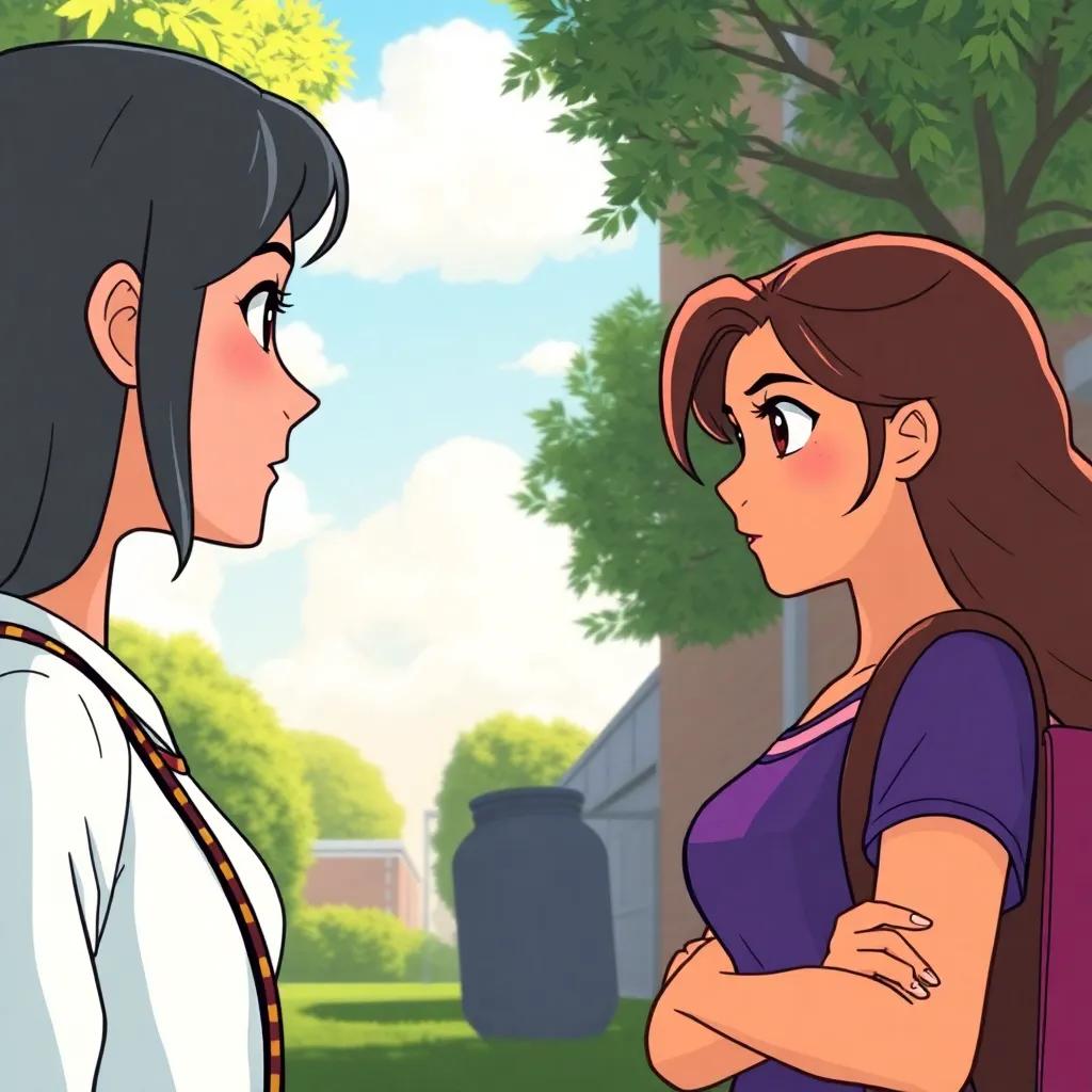 A school yard where Layla confronts Sarah about the rumors, expressions of concern and determination, sunny background, intense conversation