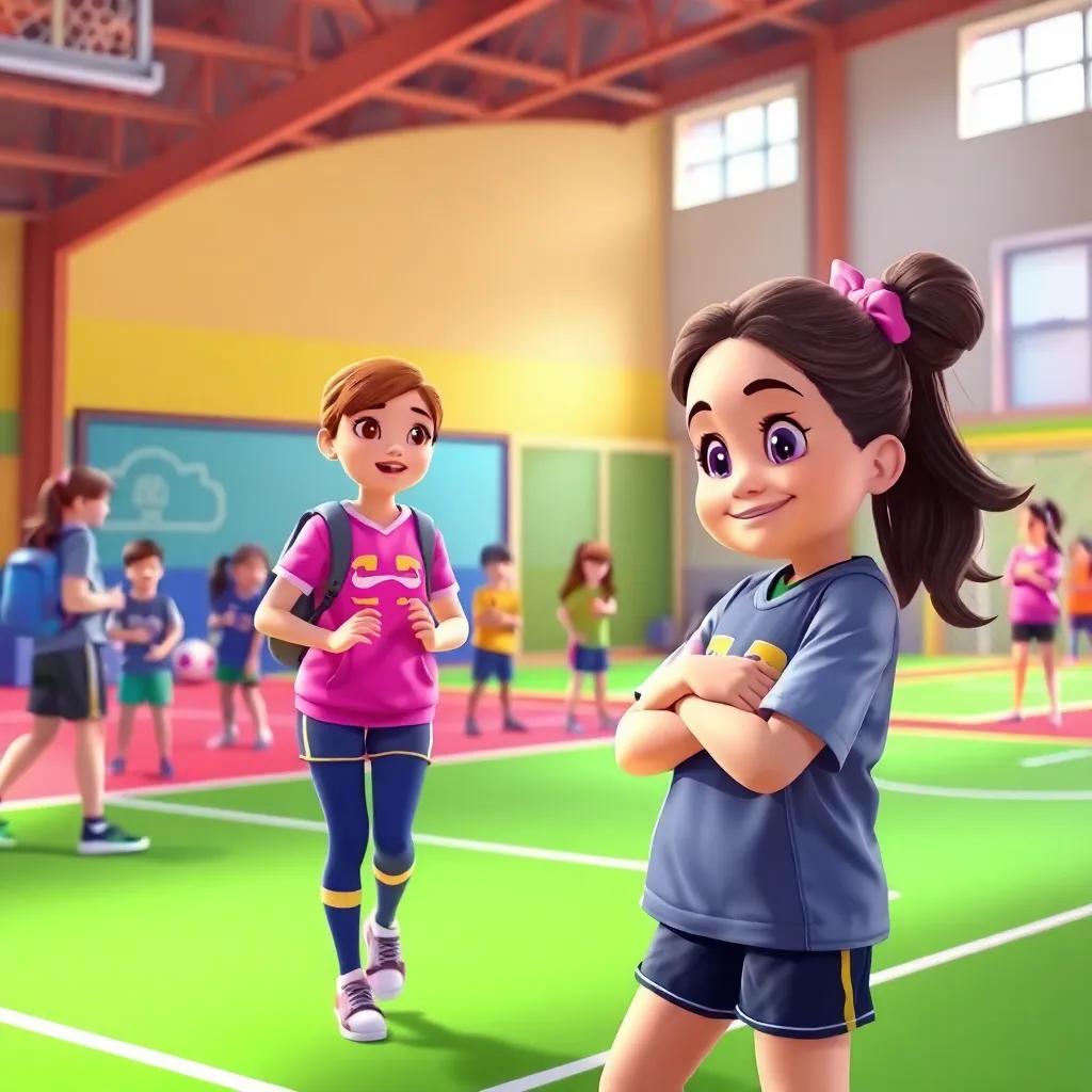 A sports area with students participating in an activity, Sarah encouraging Layla, vibrant energy and excitement, colorful sports gear