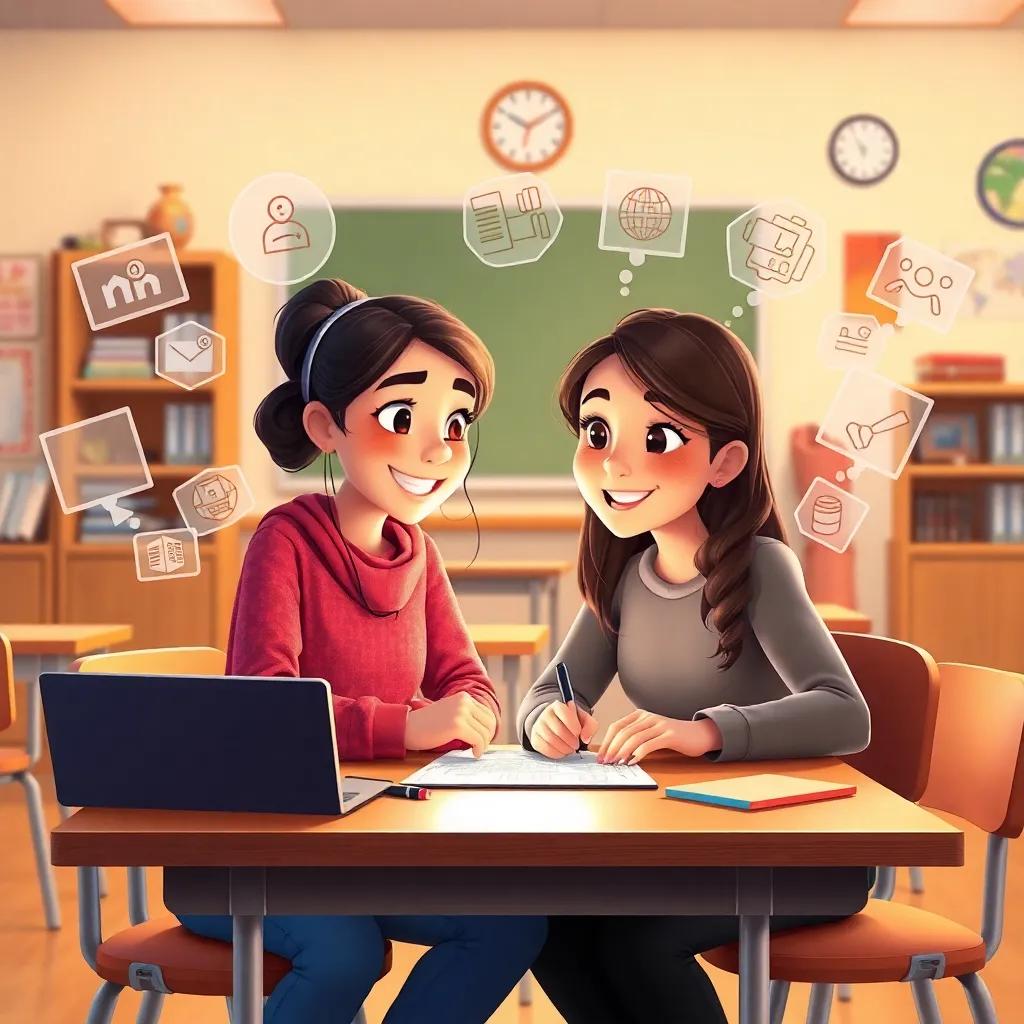 A classroom with Layla and Sarah working together on a project, graphics and designs around them showing teamwork, warm and friendly atmosphere
