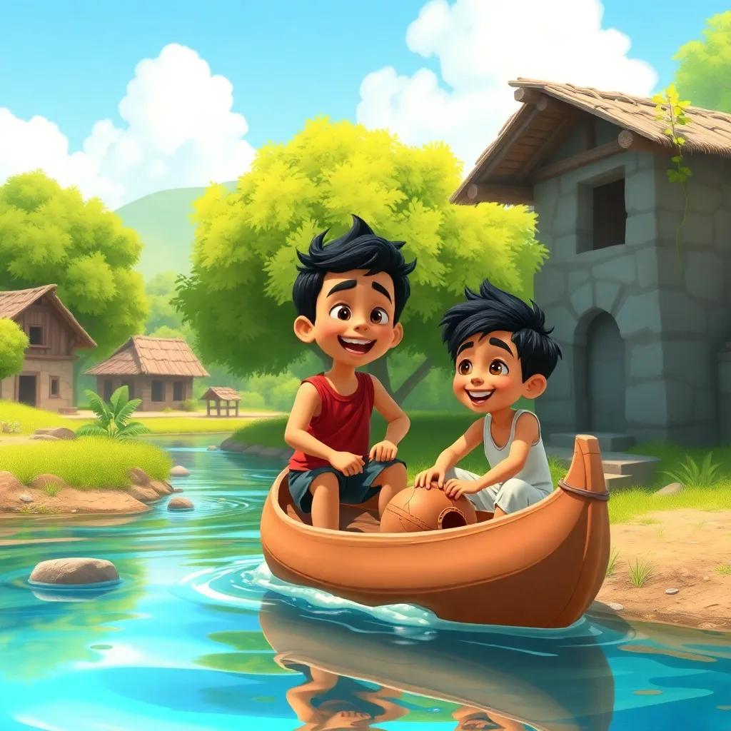 A small village with green trees and a clear blue river, two boys, Yusuf and Ali, excitedly building a clay boat, sunny day, vibrant colors, joyful atmosphere, digital art, high resolution