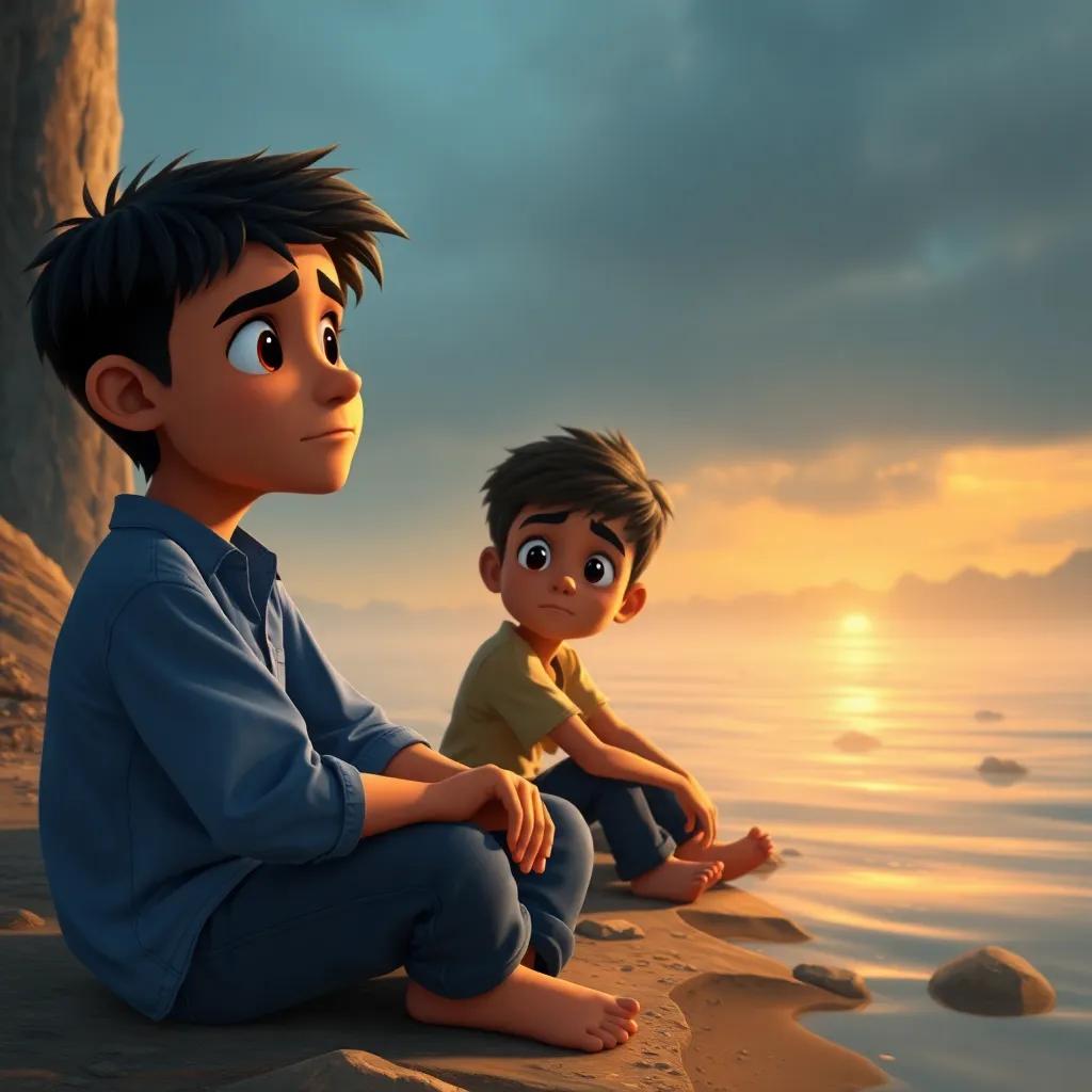 Yusuf, a young Arab boy, with short black hair, wearing a blue shirt and jeans, sitting on the riverbank with Ali, with a worried expression, talking about friendship after the storm, warm light, heartwarming scene, realistic