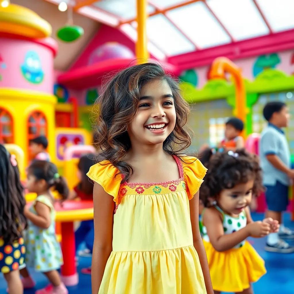 A colorful play center with children playing, a young Arab girl, Renaad, with wavy hair wearing a bright dress, laughing and smiling, engaging with her friends, cheerful atmosphere, digital art, vibrant colors, inviting scene
