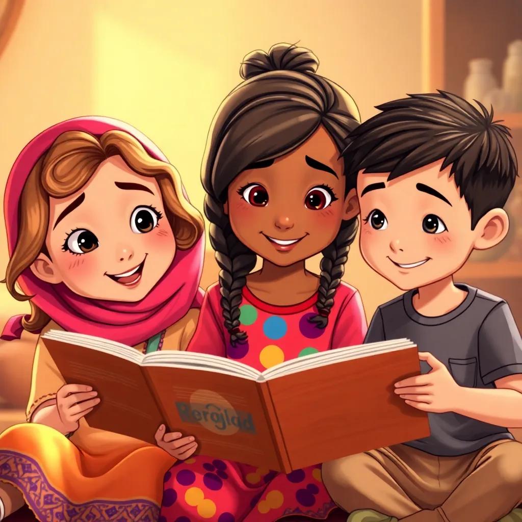 Three children sharing stories, Renaad, a young Arab girl with wavy hair in a bright dress, Sahad, a young Arab girl with braids in a colorful shirt, and Wahad, a young Arab boy with short hair in a t-shirt, animated expressions, storytelling mood, warm light, cozy background, child-friendly illustration