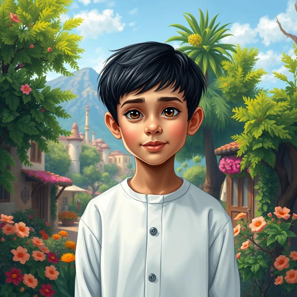 A young Arab boy, Ali, with short black hair, wearing a simple white thobe, standing in a beautiful village with lush green trees and flowers, digital art, vibrant colors, cheerful atmosphere, high quality