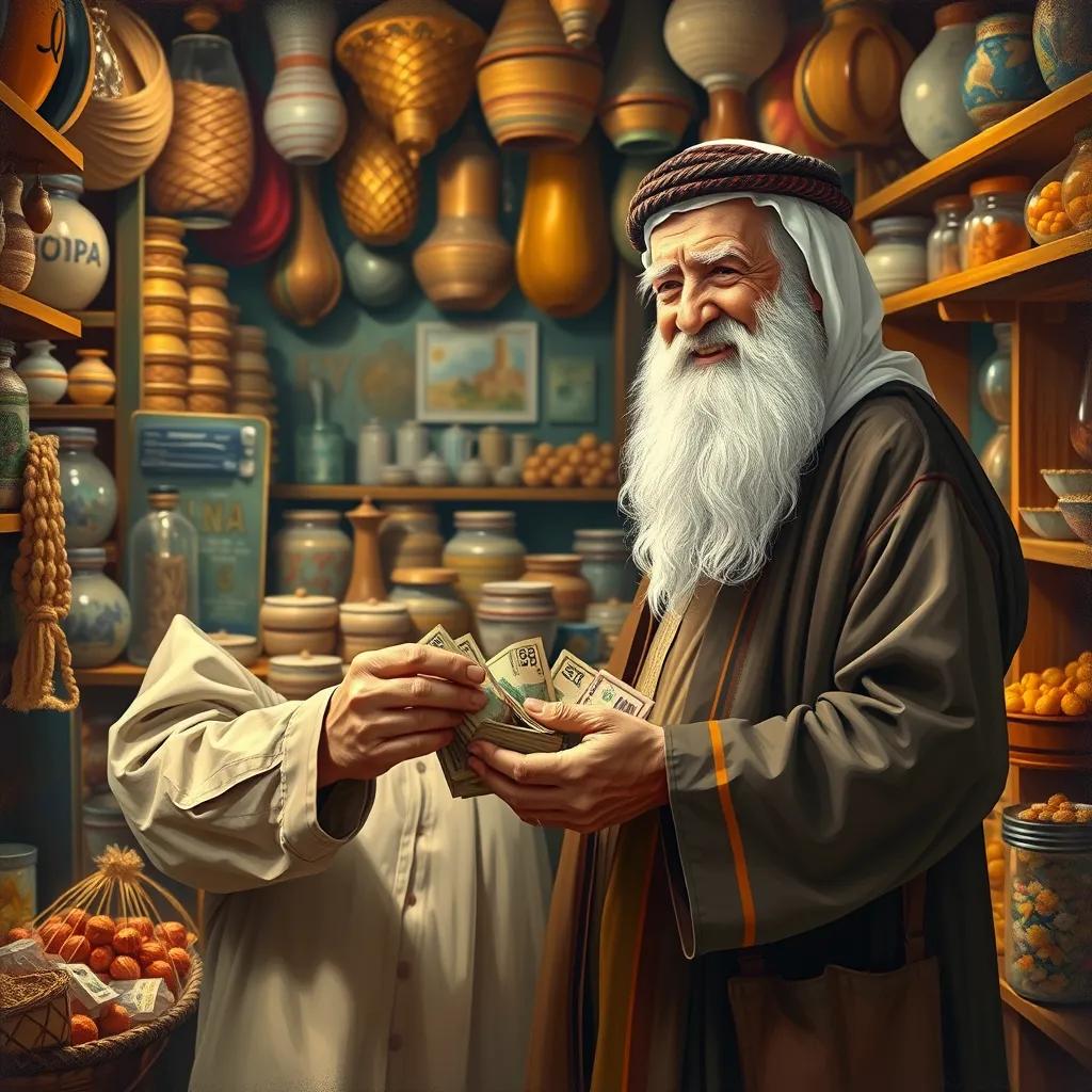 An elderly shopkeeper with a long white beard, wearing traditional Arab clothing, smiling happily as he receives a pile of money from Ali, inside a cozy shop filled with goods, warm light, friendly environment, high quality