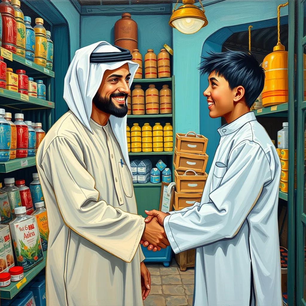 Ali, a young Arab boy, with short black hair in a white thobe, smiling and shaking hands with the shopkeeper, both standing in front of the shop, illustrating teamwork and friendship, colorful, happy atmosphere, high quality