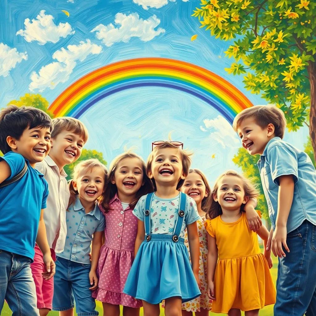 A group of children playing together with Ali in a sunny park, all smiles, while a rainbow appears in the sky above them, symbolizing joy and unity, bright colors, joyful setting, high quality