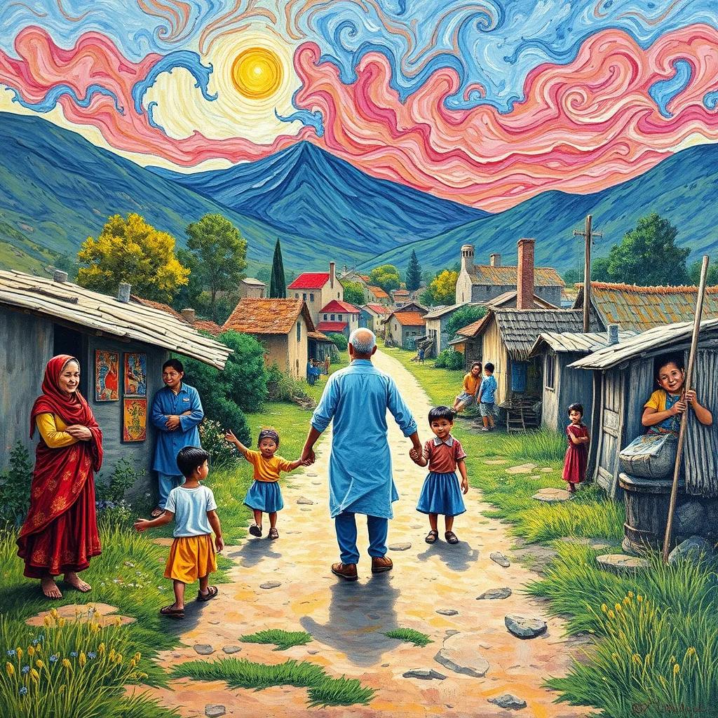 The village from a distance, showing happy families and children playing, with Ali standing proudly in the center, holding hands with his friends, depicting harmony and peace, scenic view, vibrant colors, heartwarming scene, high quality