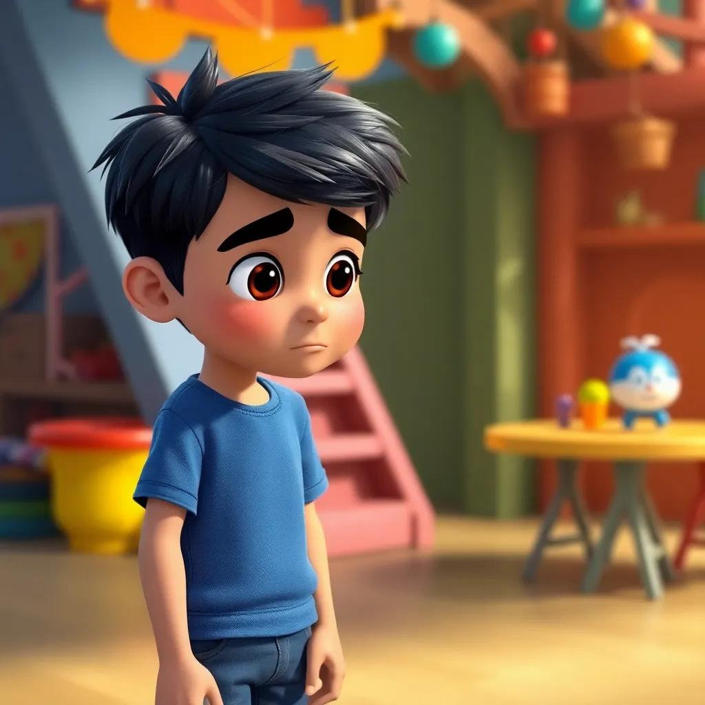 A young Arab boy, Adel, with short black hair wearing a blue t-shirt and jeans, talking to his friend Sami with a worried expression in a playful environment, vibrant colors, friendly atmosphere, digital art, high quality