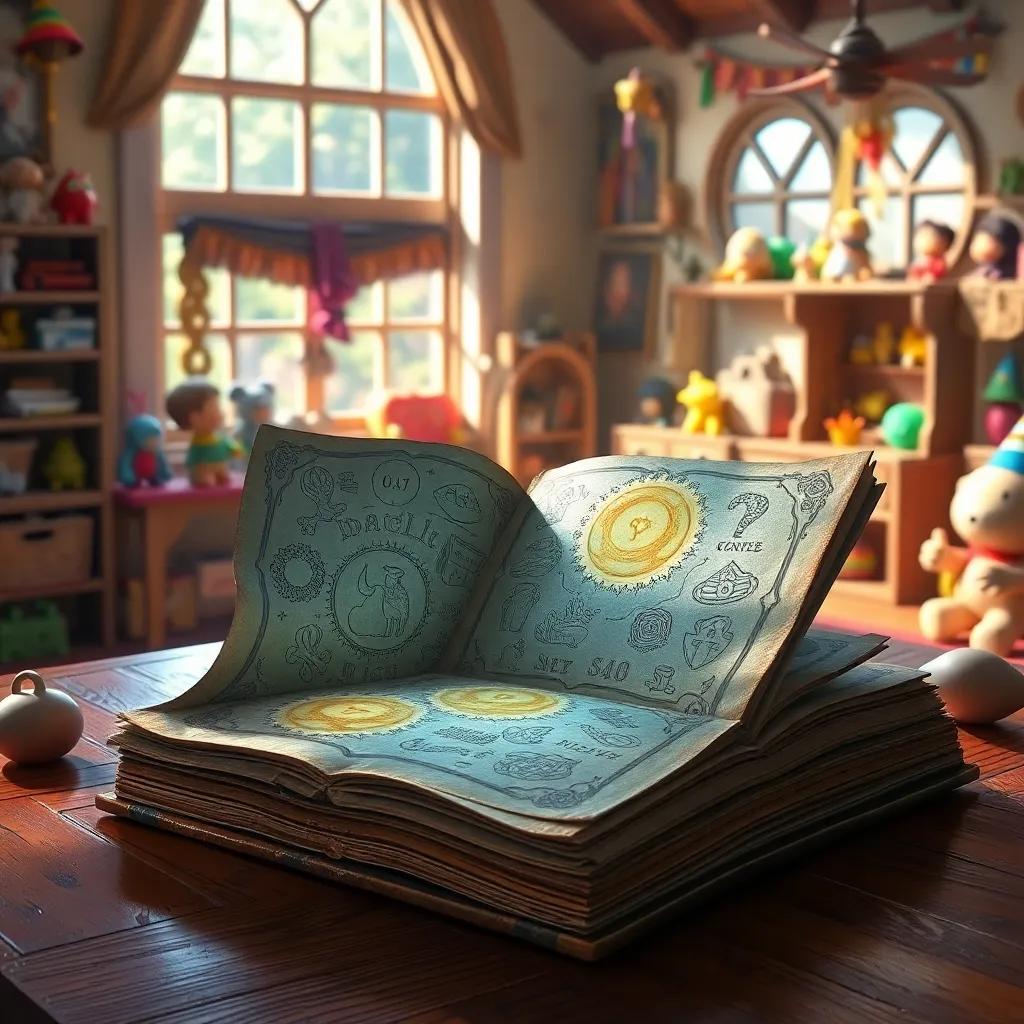 A magical old book with glowing illustrations and mysterious symbols, placed on a wooden table in a sunny room filled with colorful toys, warm light, captivating details, digital painting, fantasy style