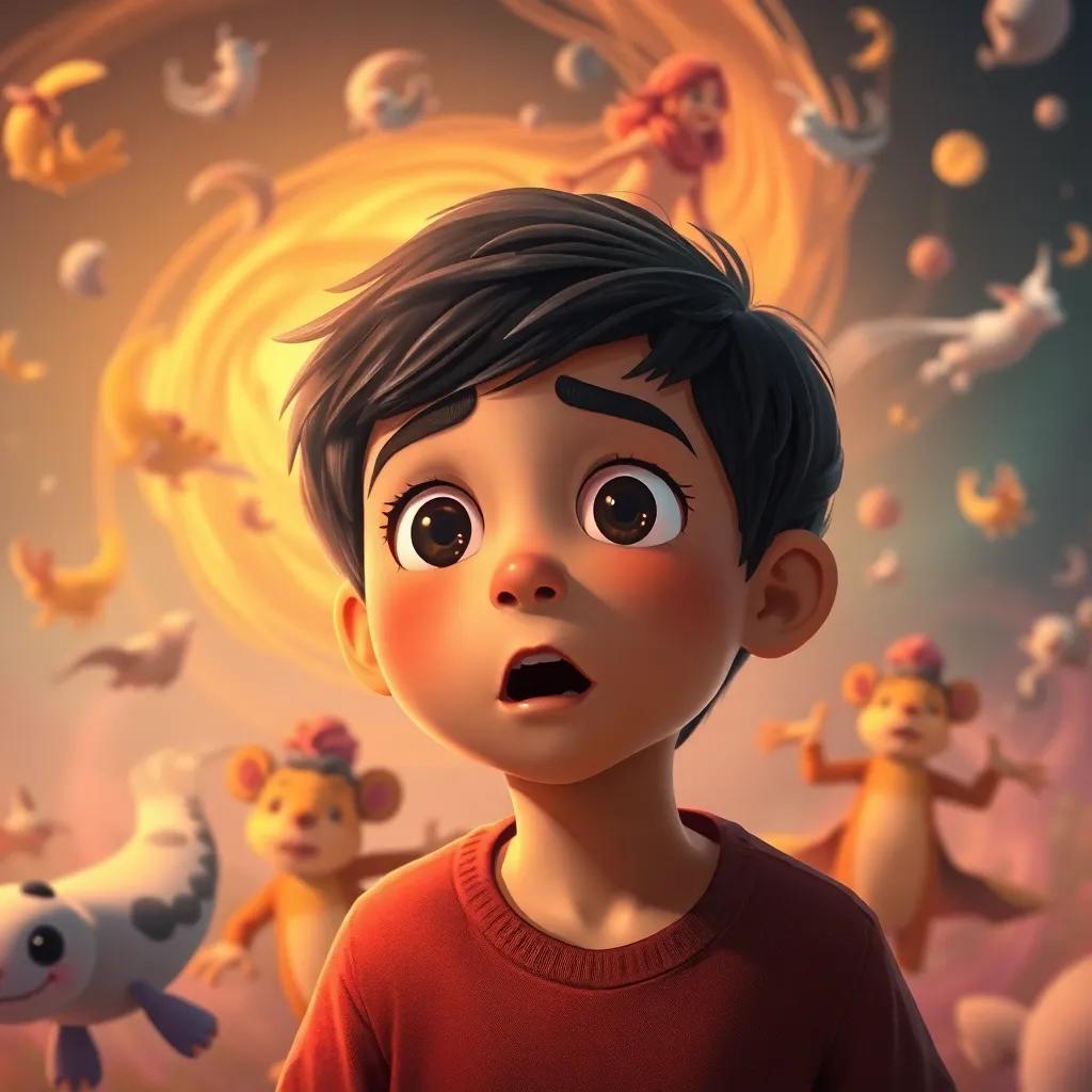 A young Arab boy, Adel, with short black hair and a surprised expression, surrounded by swirling images of lost friends in a dreamlike setting, imaginative colors, mystical vibes, digital art, child-friendly