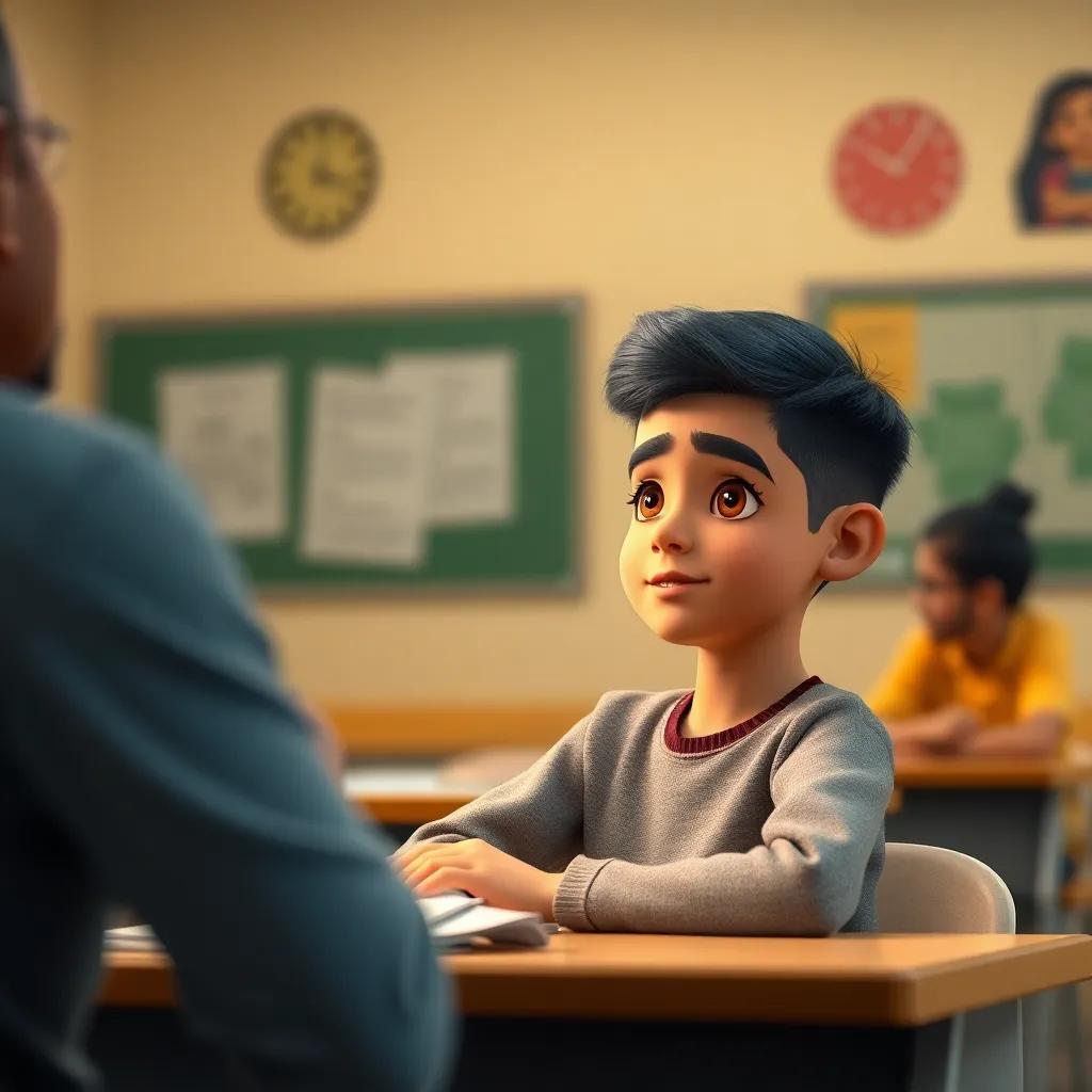Adel, the young Arab boy with short black hair, sitting in a classroom looking confident while talking to his teacher, warm light, engaging atmosphere, digital art, candid perspective