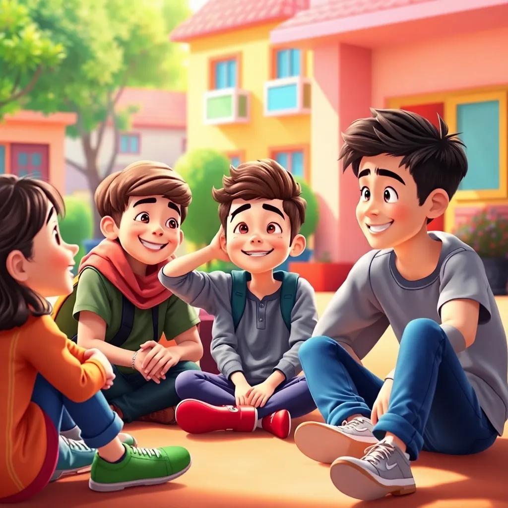 Adel focusing on his friends while feeling proud, sitting around a colorful schoolyard, sharing laughter and smiles, bright colors, joyful ambiance, digital art, cheerful style