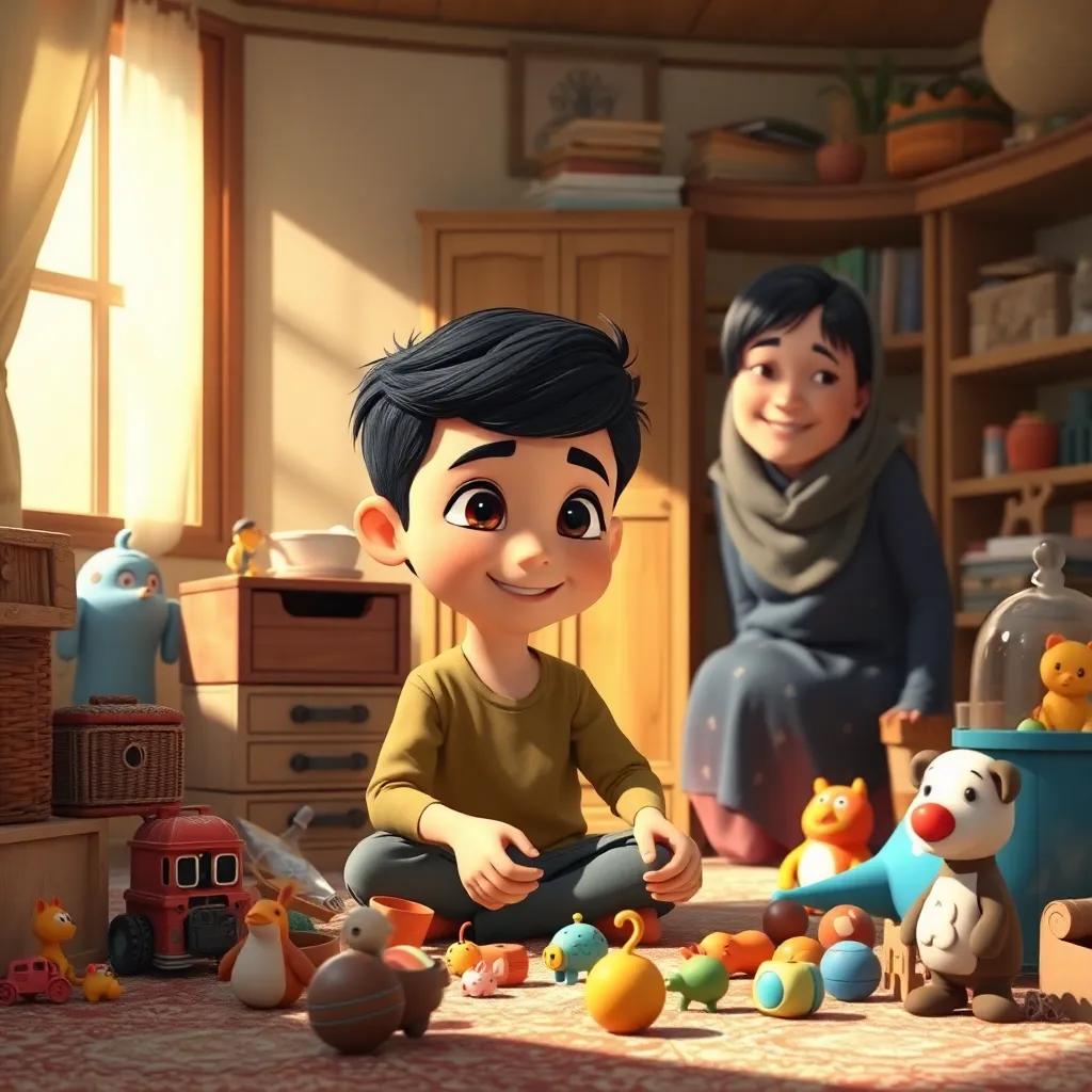 Adel the young Arab boy, with short black hair and an easygoing expression, organizing his room, surrounded by old toys with his mother watching happily, warm sunlight, cozy scene, digital art, heartwarming