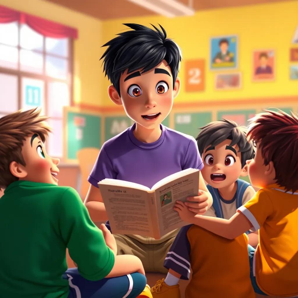 Adel with short black hair, narrating a story to his friends sitting in a circle, excited expressions on their faces, colorful and vibrant school setting, dynamic lighting, digital art, storytelling atmosphere