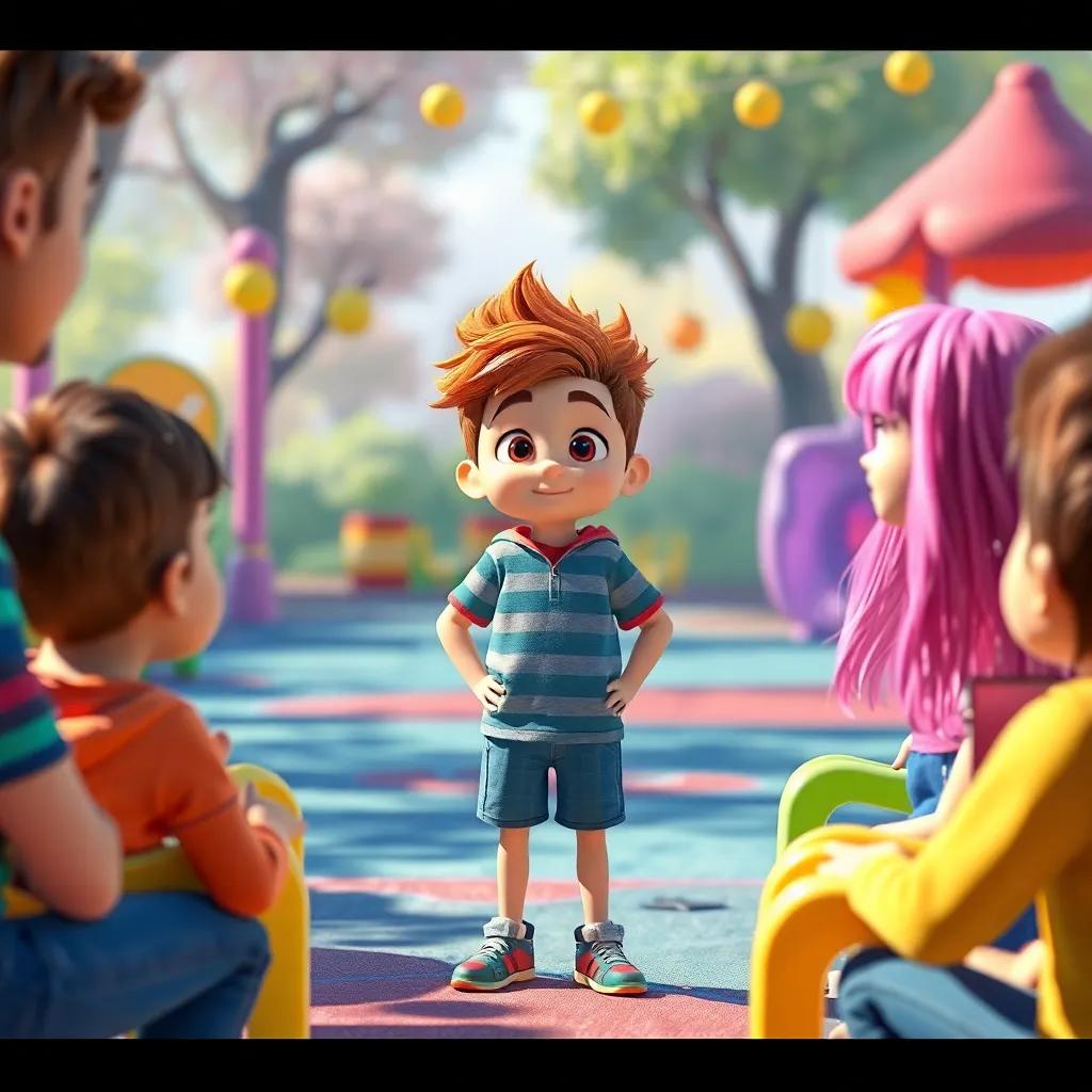 Adel becoming a leader among friends, standing confidently while others listen intently to him, colorful playground surrounding them, lively colors, inspiring moment, digital art, uplifting