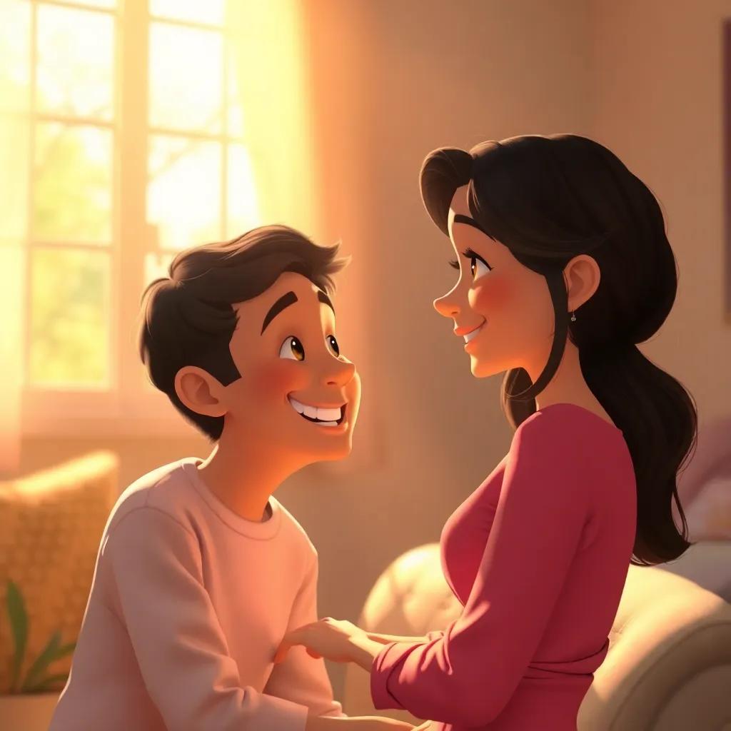 Adel with a happy smile, talking to his mother in a bright room, the sun shining through the window with warmth and love, intimate family moment, digital art, emotional atmosphere