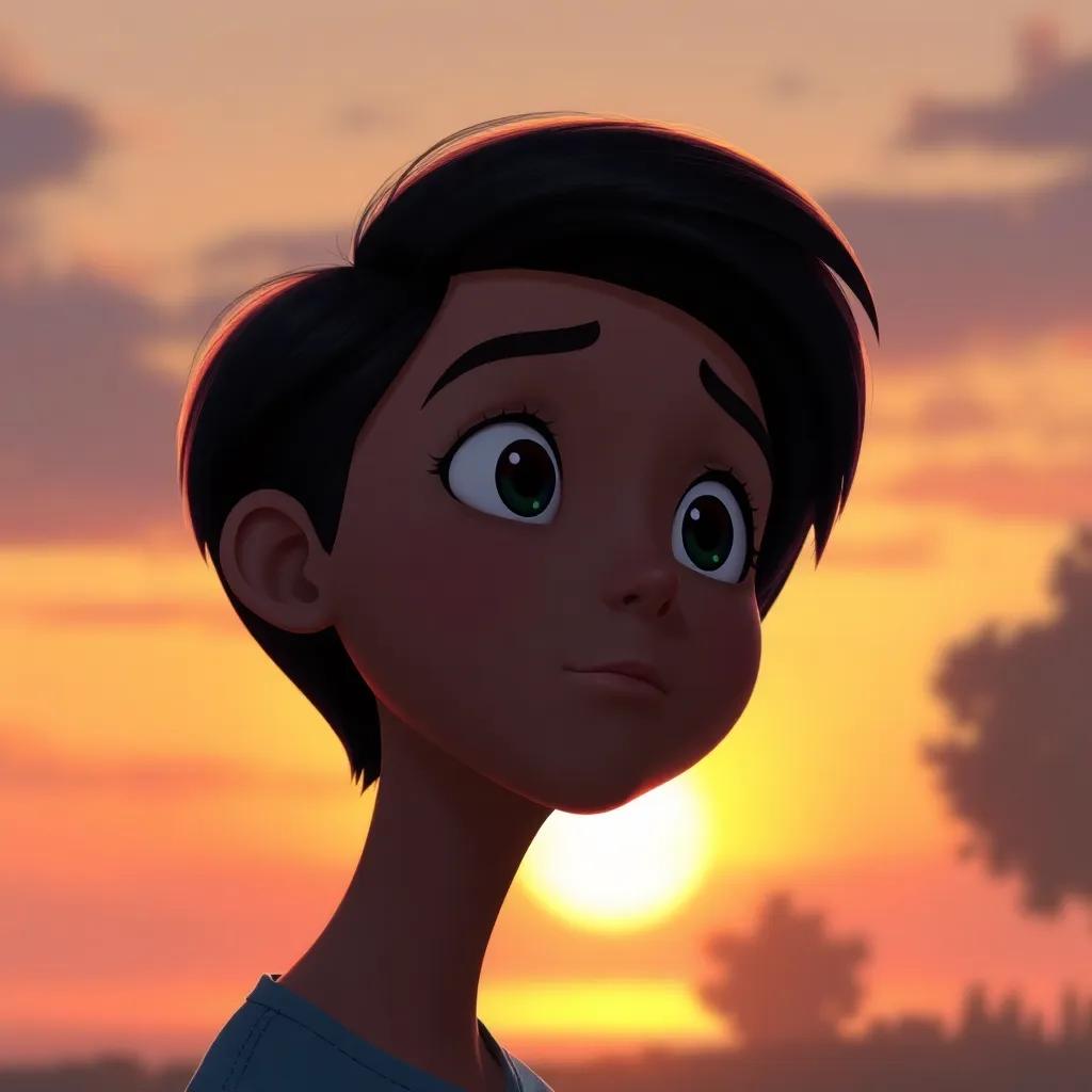 Adel reflecting on the importance of honesty, with a thoughtful expression and a sunset in the background, creating a serene scene, soft colors, introspective mood, digital art, calming vibe