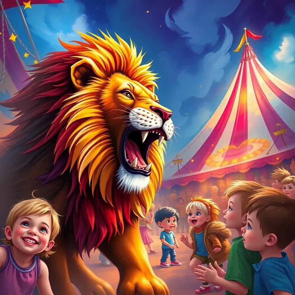 A colorful circus scene filled with laughter and wonder, a strong lion roaring, with vibrant colors and large tents, children watching in amazement, joyful atmosphere, digital art, bright colors, dynamic perspective, high quality