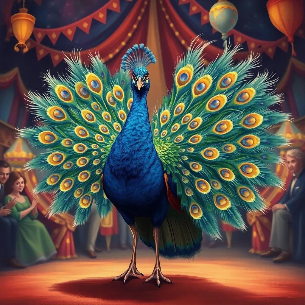 A proud peacock strutting with its feathers fully spread, bright and beautiful, amidst circus decorations, adoring audience in the background, cheerful mood, detailed illustration, sparkling colors, engaging perspective, high quality