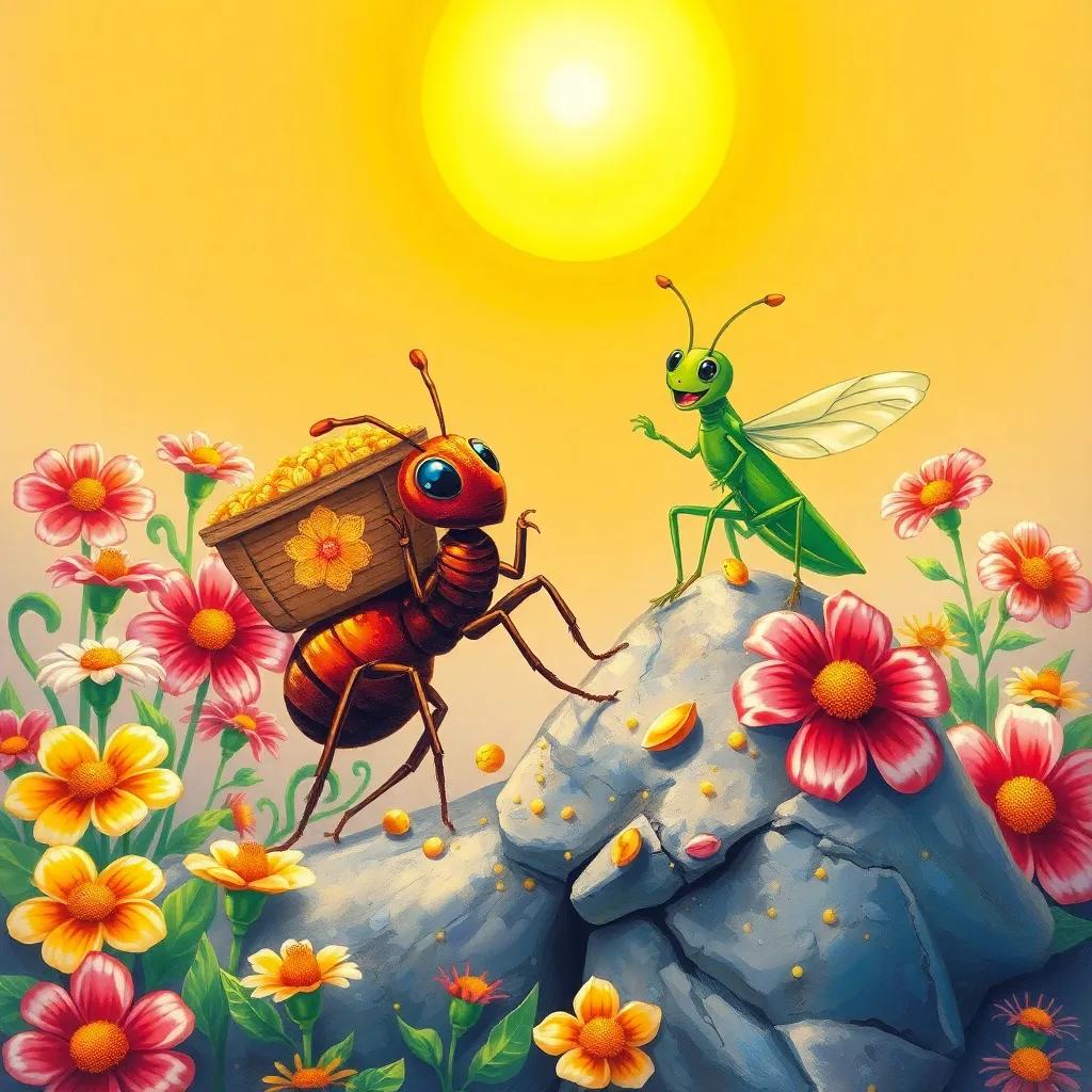 A hardworking ant carrying seeds under the bright sun, surrounded by flowers, with a joyful grasshopper on a rock singing, illustration, vibrant colors, summer scene, cheerful atmosphere, high quality