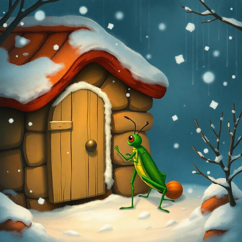 A cold winter scene with falling snow, a shivering grasshopper knocking on the door of an ant's house, illustration, cozy atmosphere, winter colors, heartwarming perspective, high quality