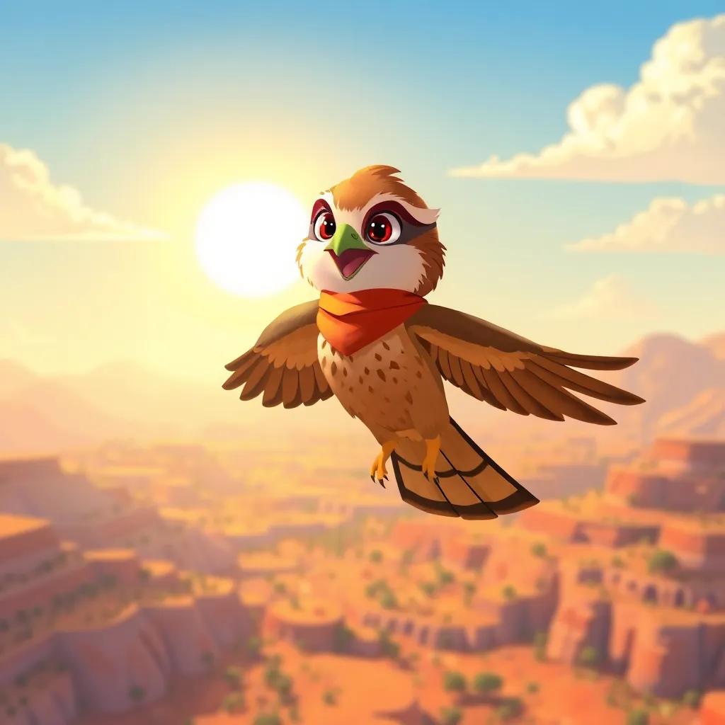 A small brave falcon named Shujaa, flying high in the sky with a golden sun behind, colorful landscape below, cheerful mood, digital art, vibrant colors, child-friendly, high quality