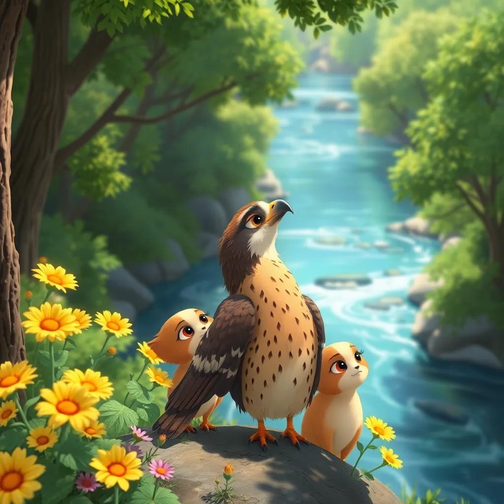 Shujaa the falcon looking at a big deep river, surrounded by green trees and bright flowers, friends with him, curious expressions, illustration, bright colors, adventure-themed