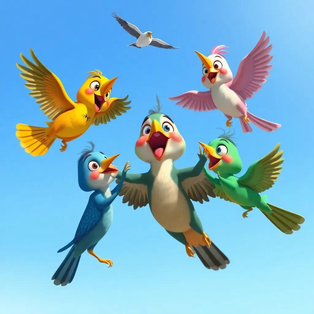 Shujaa learning from friends, practicing flying tricks together, in a clear blue sky, birds of different colors, joyful expressions, detailed digital painting, child-friendly