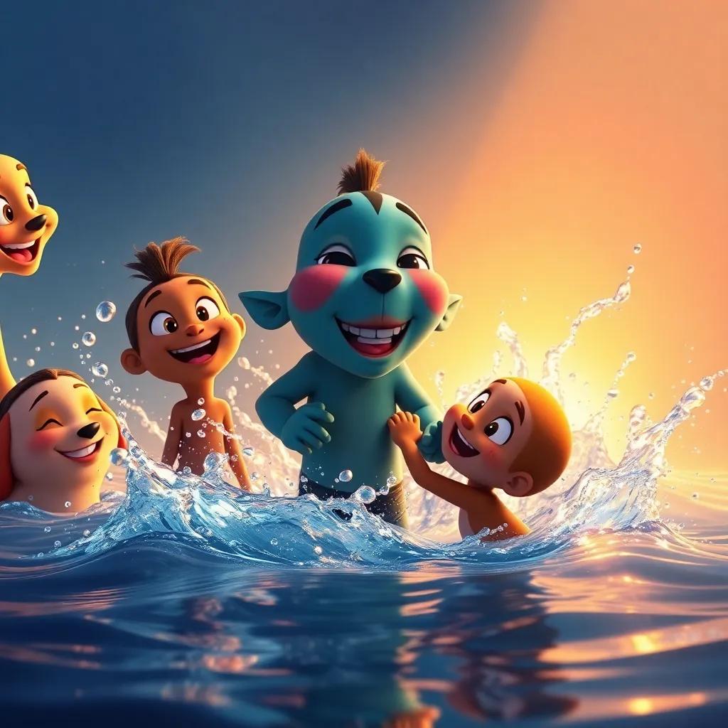 Shujaa with friends helping him out of the water, splashes around them, expressing teamwork and bravery, colorful, warm light, uplifting atmosphere, high quality