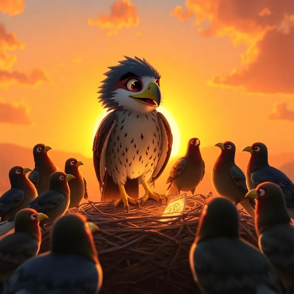Shujaa the falcon returning to his nest, surrounded by other birds, proud expression, glowing sunset background, storytelling scene, rich colors, heartwarming moment