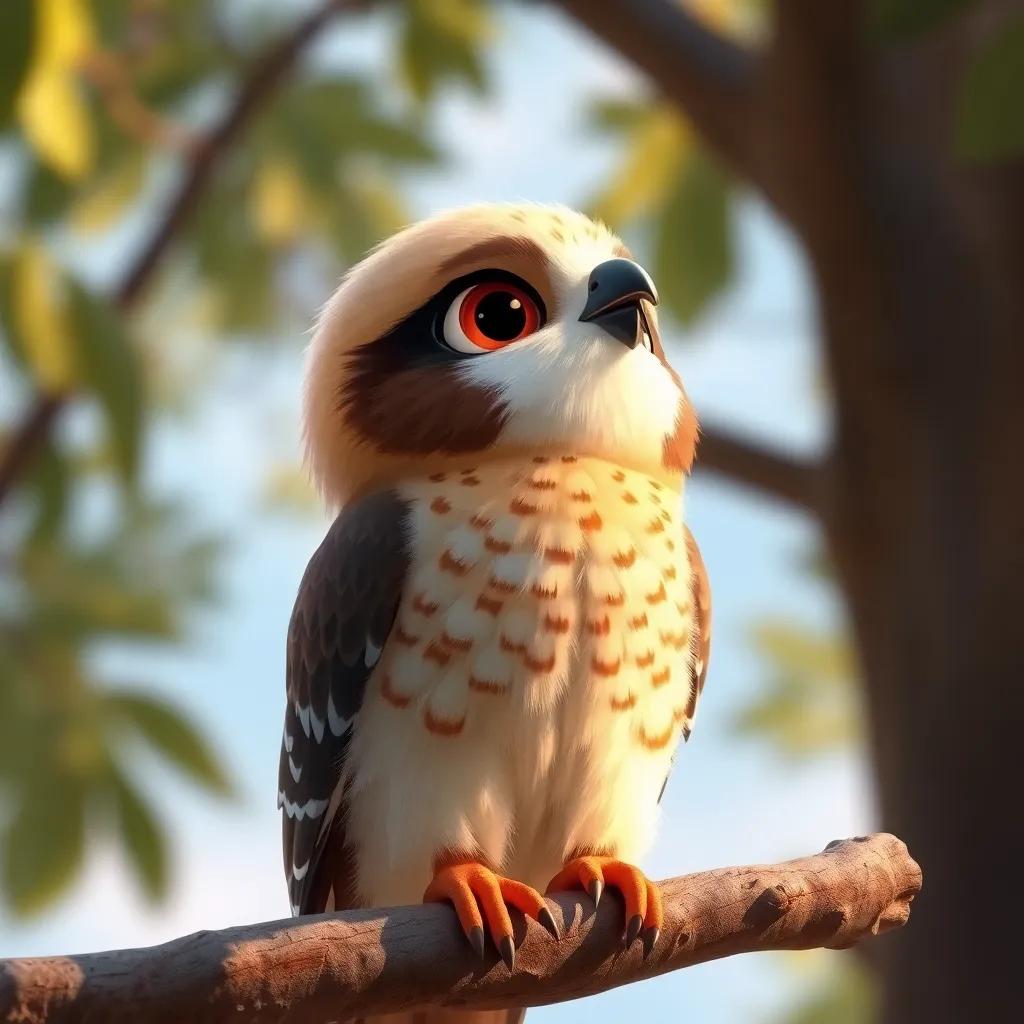 A small falcon named Sami, with bright eyes and fluffy feathers, perched on a tree branch, looking up at the sky, digital art, warm colors, hopeful atmosphere, high quality