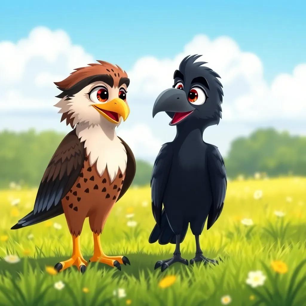 Sami the falcon talking to his friend Khalil the crow, with dark feathers and expressive eyes, in a sunny meadow, discussing flight training, cheerful illustration, vibrant colors, friendly environment, high quality