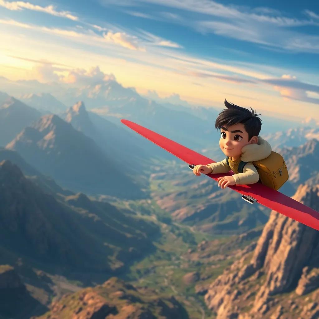 Sami practicing flying in the morning, soaring over mountains and valleys, with determination in his eyes, beautiful landscape, colorful skies, adventurous, high quality