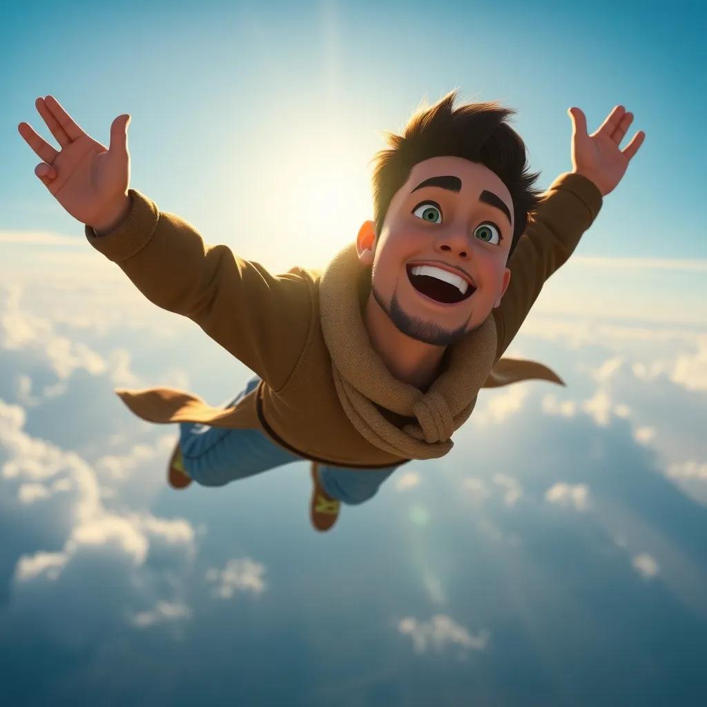 Sami flying high in the sky with a proud look on his face, the sun shining brightly behind him, symbolizing achievement and freedom, stunning digital painting, inspiring atmosphere, high quality