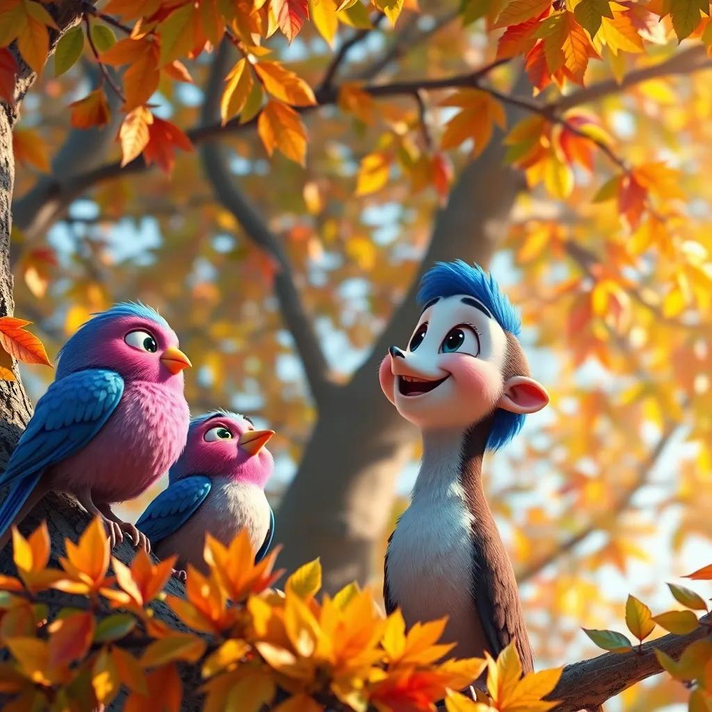 Sami being admired by other birds with admiration in their eyes, in a large tree full of colorful leaves, joyful scene, warm light, uplifting imagery, high quality