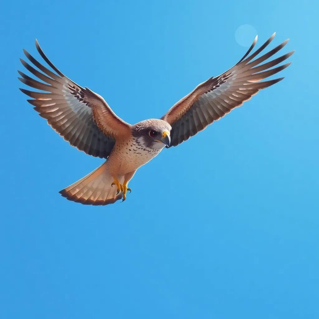A brave falcon, Rayed, soaring high in a clear blue sky with shiny brown feathers and sparkling eyes, digital art, bright colors, sense of freedom, detailed
