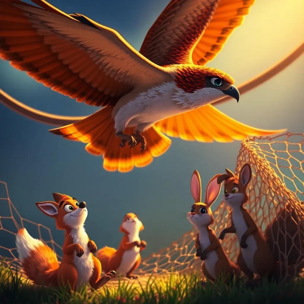 Rayed, the brave falcon, swooping down towards the ground where a fox, Mazen, and a rabbit, Lina, are trapped in a large net looking scared and confused, vibrant colors, warm light, storytelling scene