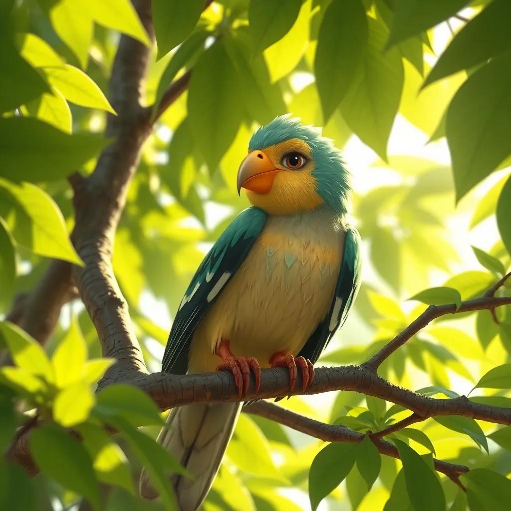 Rayed thinking and planning his clever strategy while perched on a branch, surrounded by lush green leaves, bright sunlight filtering through, capturing determination and intelligence, illustration, detailed