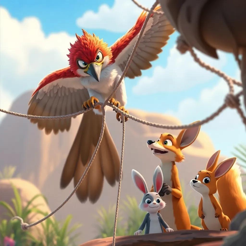 Rayed the falcon, skillfully using his sharp beak to cut the net threads, Mazen the fox and Lina the rabbit watching eagerly from below, colorful scene filled with excitement, action