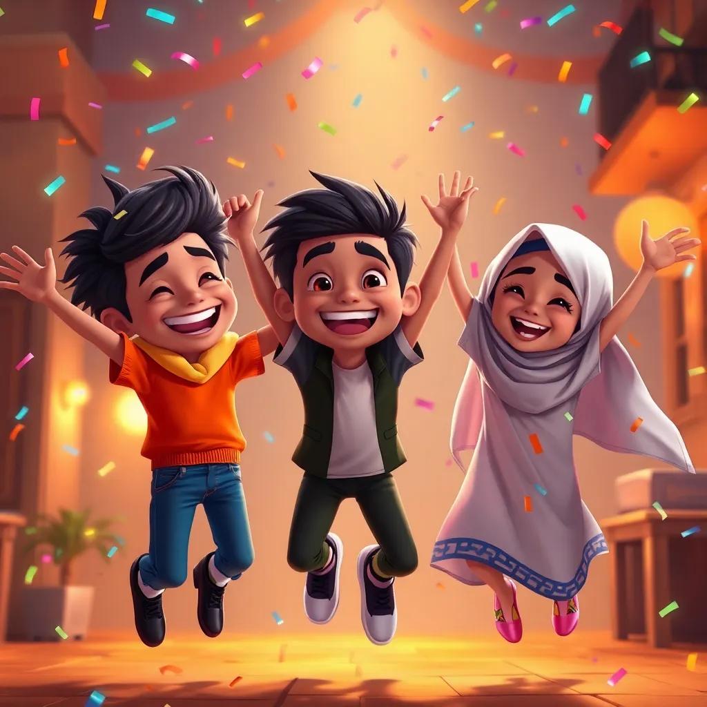 Celebration scene with Rayed, Mazen, and Lina smiling and jumping in joy after their escape, colorful confetti in the air, feeling of friendship and happiness, warm colors, vibrant atmosphere