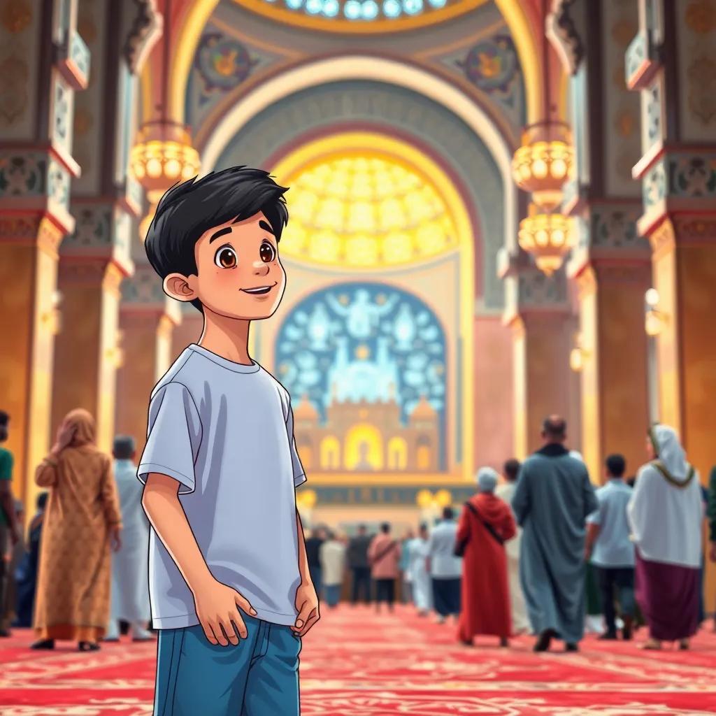 A young Arab boy, Sami, with short black hair, wearing a simple t-shirt and shorts, standing in a mosque, watching men and women pray, amazed expression, beautiful mosque architecture, vibrant colors, joyful mood, child-friendly illustration, high quality