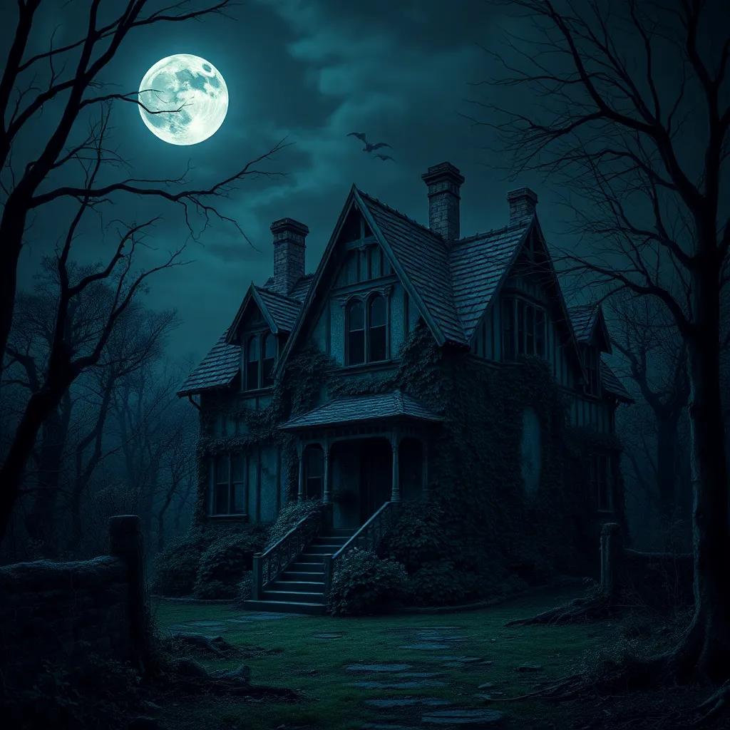A spooky abandoned house in an old village, overgrown with ivy and surrounded by dark trees, full moon shining, eerie atmosphere, detailed, chilling scene, night time, high quality