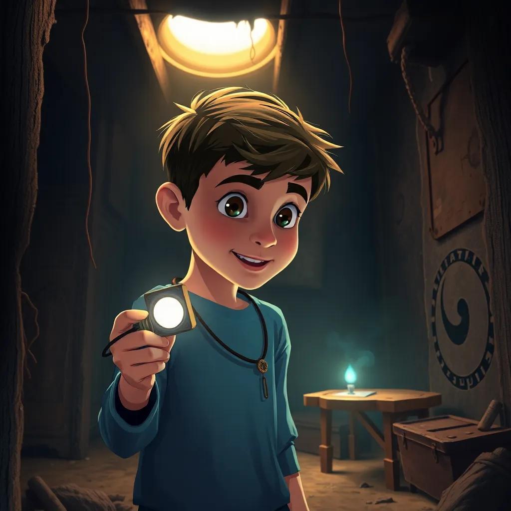 A young boy named Karim, a Middle-Eastern boy, around 11 years old, holding a small flashlight and wearing an old necklace, standing in a dimly lit room filled with dust and cobwebs, discovery of a small wooden box kicking off a sense of mystery, tense atmosphere, illustration, vivid colors, engaging perspective