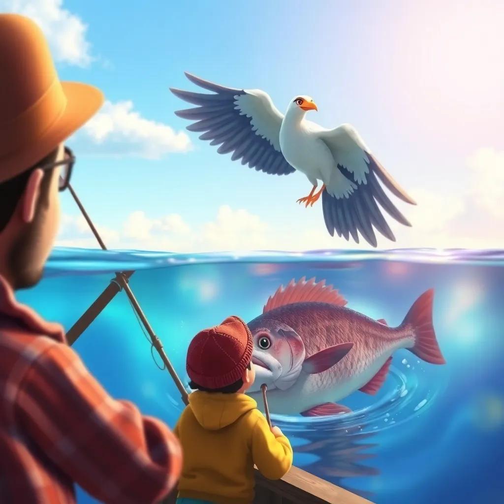 A beautiful bird soaring above the fisherman, catching a glimpse of a large fish underneath the water, vibrant colors, dynamic scene, child-friendly illustration