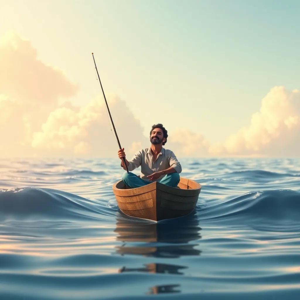 The fisherman relaxing and meditating in his boat, surrounded by gentle waves and soft clouds, calm atmosphere, colorful and inviting, high quality